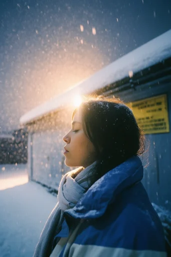 Cinematic Nocturnal Melancholia style reference image — heavy snowfall