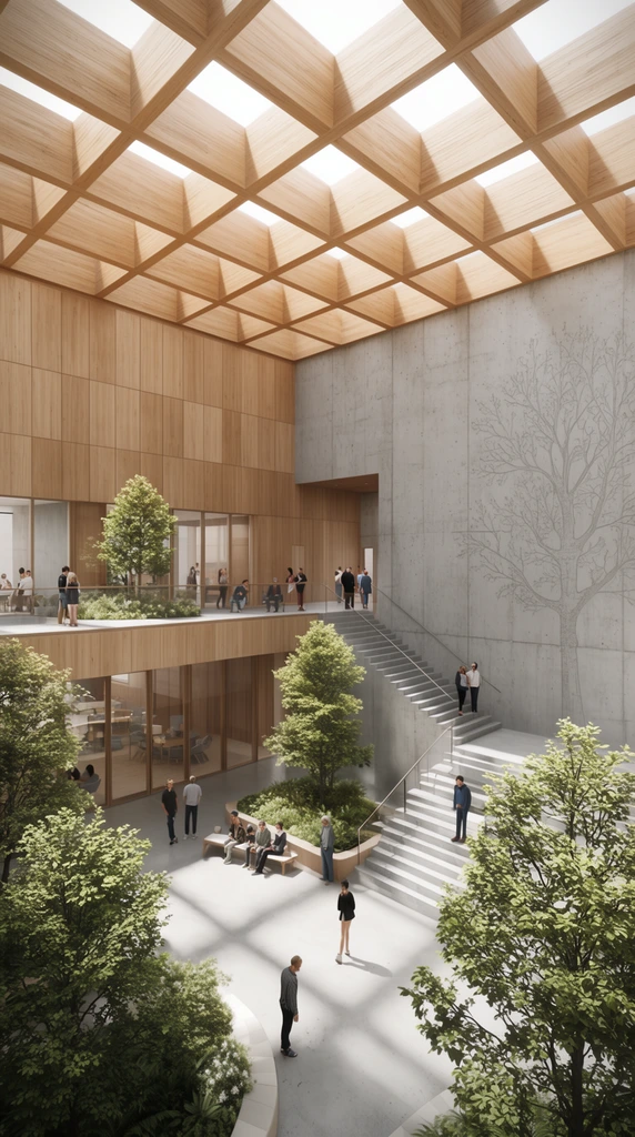 A wide-angle architectural rendering of a bright, multi-level indoor atrium beneath a massive wooden grid skylight. The airy space contrasts raw concrete walls, one featuring a faint tree etching, with warm wood paneling and glass-enclosed rooms. Small groups of people populate a mezzanine balcony, a wide concrete staircase, and the ground floor courtyard. Indoor trees add vibrant greenery to the modern geometric design.