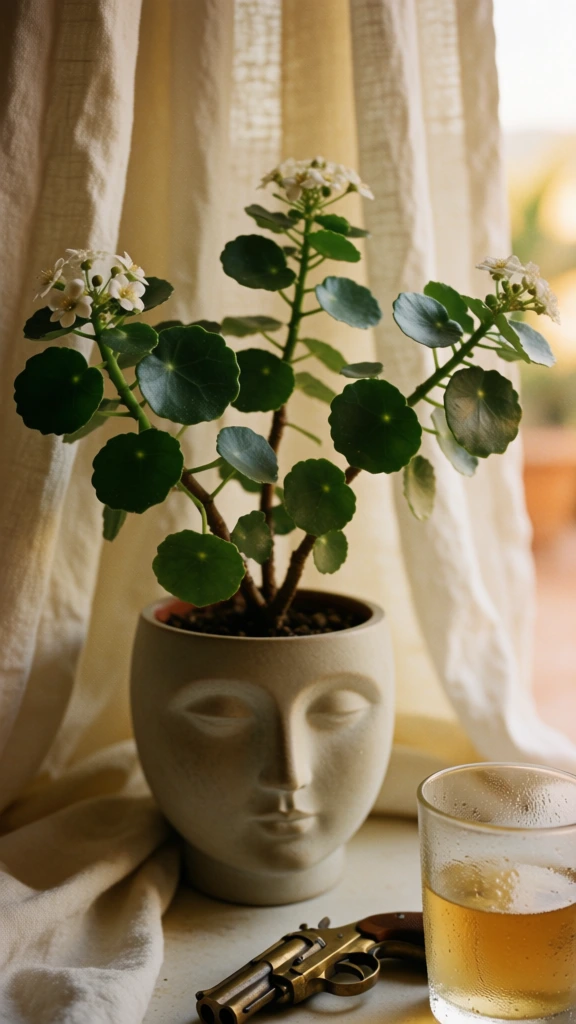 cinematic vintage film photography, soft natural mediterranean lighting, a lush flowering plant with round waxy leaves in a matte ceramic face-shaped pot centered against heavy draped ivory linen, a condensation-covered glass of golden liquid and a small brass double-barreled handgun resting in the lower right corner, shallow depth of field with soft bokeh, grainy texture, warm sunset color palette with muted greens and peaches, nostalgic and surreal still life composition.