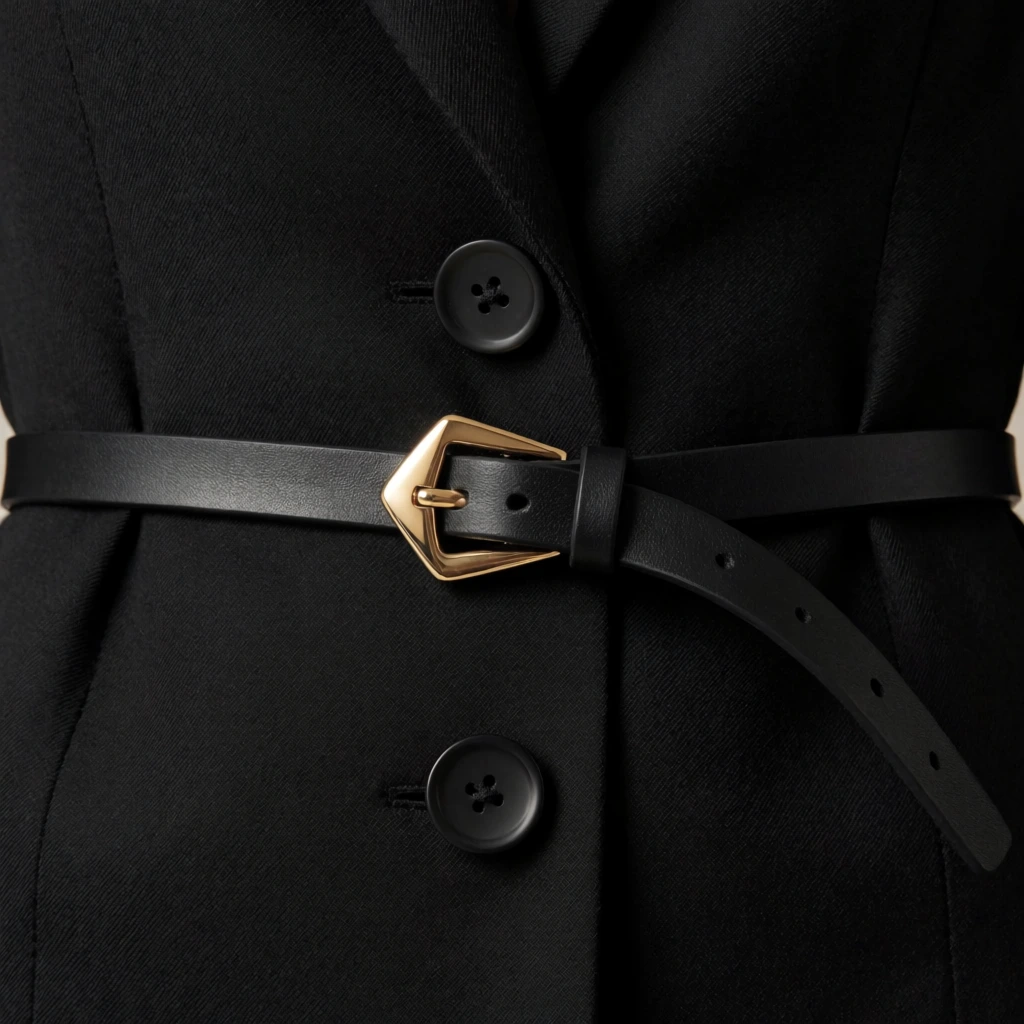 A close-up fashion shot of a tailored black garment cinched by a slender black leather belt. The thin strap threads through an open, gold-tone triangular buckle, with the excess perforated tail draping loosely. The underlying fabric features a crisp twill weave and structured lapels, accented by two large, circular matte black buttons. Soft, directional studio lighting emphasizes the fine textile texture and creates a warm, reflective gleam on the metallic geometric hardware.