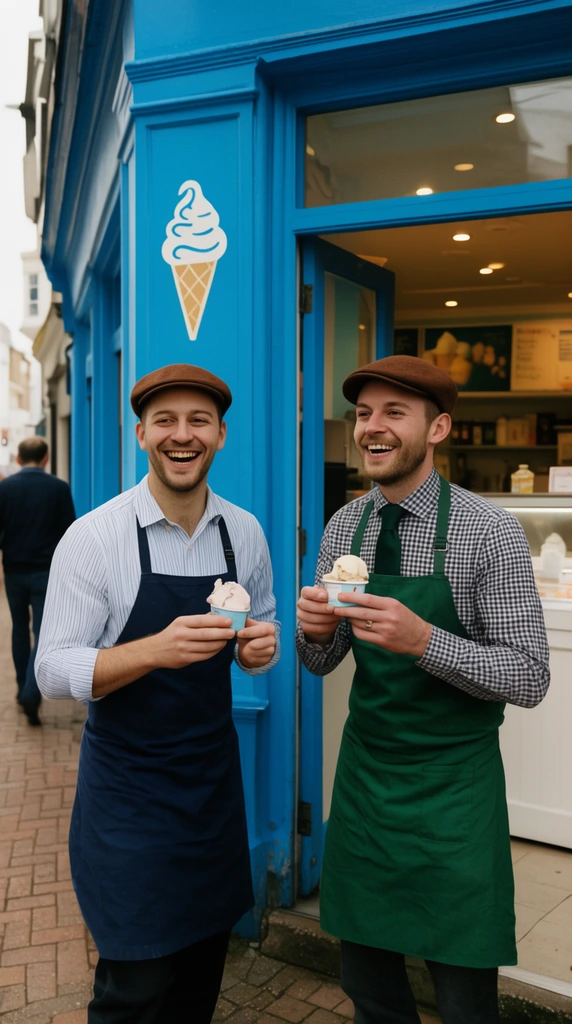two cheerful men outside a bright blue ice cream shop, both wearing brown flat caps and aprons while holding small ice cream cups, left man in a striped shirt and navy apron, right man in a checkered shirt with a tie and green apron, smiling broadly off-camera, vibrant blue building facade with a white ice cream cone graphic, open doorway revealing a warmly lit interior counter, brick-paved sidewalk, pedestrian walking away in the background, natural daylight, candid photography