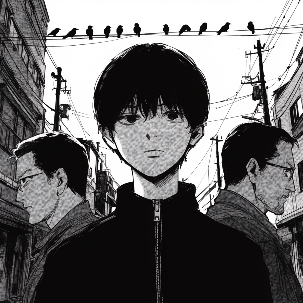 Monochrome manga art of a dark-haired youth in a black jacket facing forward, flanked by two men in profile. They stand on an urban street with buildings, utility poles, and overhead wires where silhouetted birds perch against a blank white sky, featuring high-contrast inks and screentone shading.