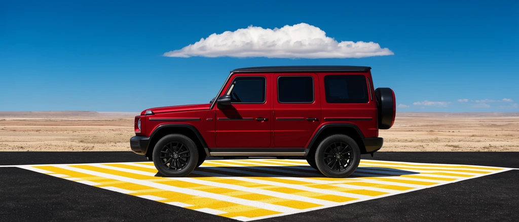 A boxy red luxury SUV rests in profile on black asphalt marked with a striking yellow and white striped triangular zone. The vehicle features dark windows, black wheels, and a rear spare tire. A flat arid landscape stretches beneath a vivid blue sky, where a single horizontal white cloud hovers directly above the roofline.