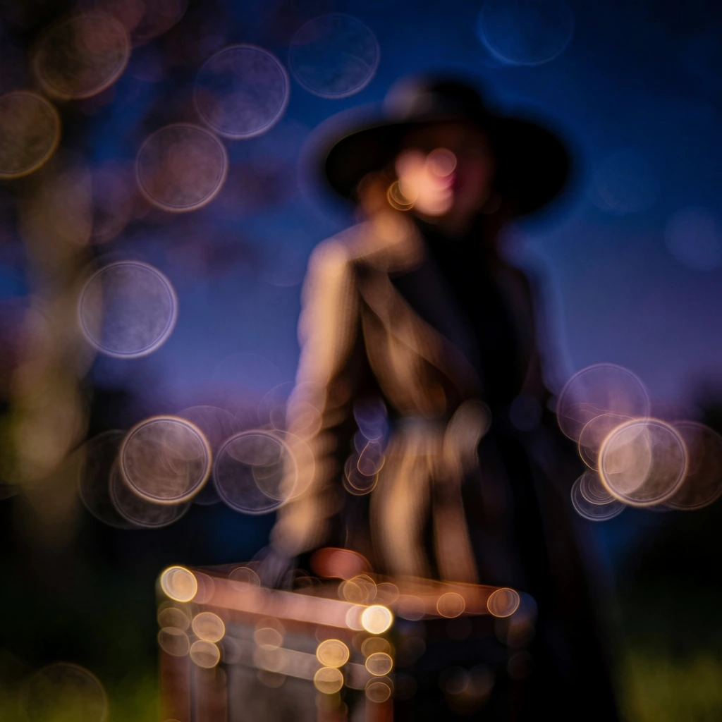 a woman wearing a large wide-brimmed hat and a coat, standing next to a trunk with one arm resting on it, positioned against a clear night sky, rendered in a heavy soap bubble bokeh style, extremely out of focus, dreamlike ethereal quality, glowing circular outlines, deep navy and indigo color palette, pops of teal and warm amber, film grain texture, cinematic atmosphere, abstract light play, minimalist silhouette, high-end brand aesthetic, soft focus, painterly blur