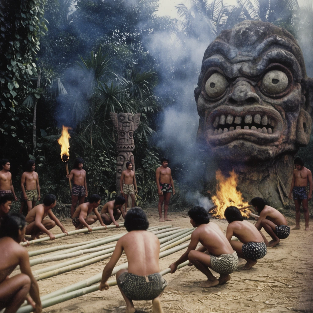 A group of men performs a ritual in a dusty jungle clearing before a massive, grotesque stone idol. Shirtless men in patterned shorts crouch on the ground to handle long bamboo poles while standing observers watch, including one holding a flaming torch. A fire burns in front of the giant stone head, which features bulging eyes and large teeth, casting thick smoke into the air. A carved totem stands against dense tropical foliage. The scene captures the aesthetic of a vintage adventure film with grainy stock, slightly faded colors, atmospheric smoke, and a wide cinematic composition.