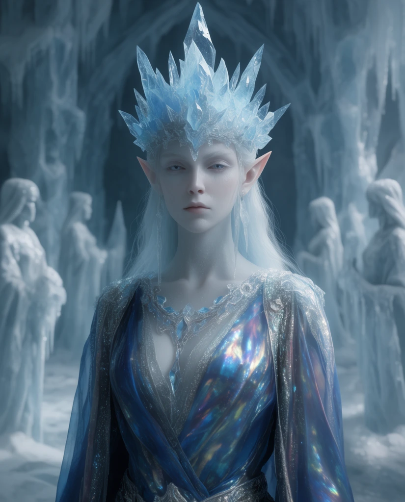 ethereal pale elven high priestess, crystalline crown of jagged blue ice, iridescent sapphire and silver silks, glacial ice cavern temple, blurred frozen statues, cinematic lighting, shallow depth of field