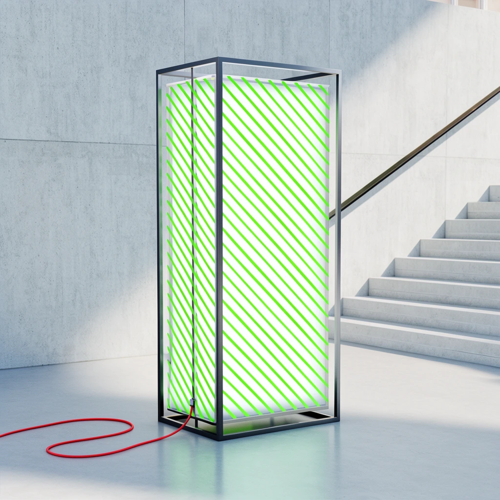 A freestanding rectangular light box stands in a minimalist concrete space. The structure features a dark metal frame enclosing translucent white panels marked with bright neon green diagonal stripes. A distinct red electrical cable trails from the base onto the smooth gray floor. The surrounding environment consists of stark concrete walls and a set of architectural stairs to the right, accented by a thin dark handrail. The scene exhibits a clean architectural rendering style with bright daylight illumination, emphasizing sharp geometry and a stark cool-toned color palette.