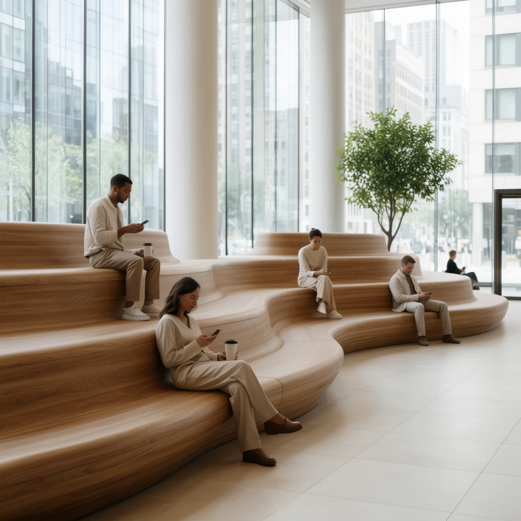 undulating tiered wooden bench in a modern lobby, smooth curved seating levels, scattered individuals in neutral attire relaxing with coffee and phones, floor-to-ceiling windows revealing a bright urban cityscape, massive white columns, light tiled floor, potted green tree, soft natural daylight, minimalist architecture