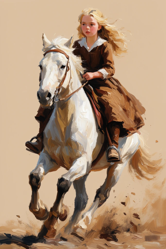 young blonde girl riding a galloping white horse, brown dress and leather boots, dynamic painterly style, thick impasto brushstrokes, flying dust, solid beige background