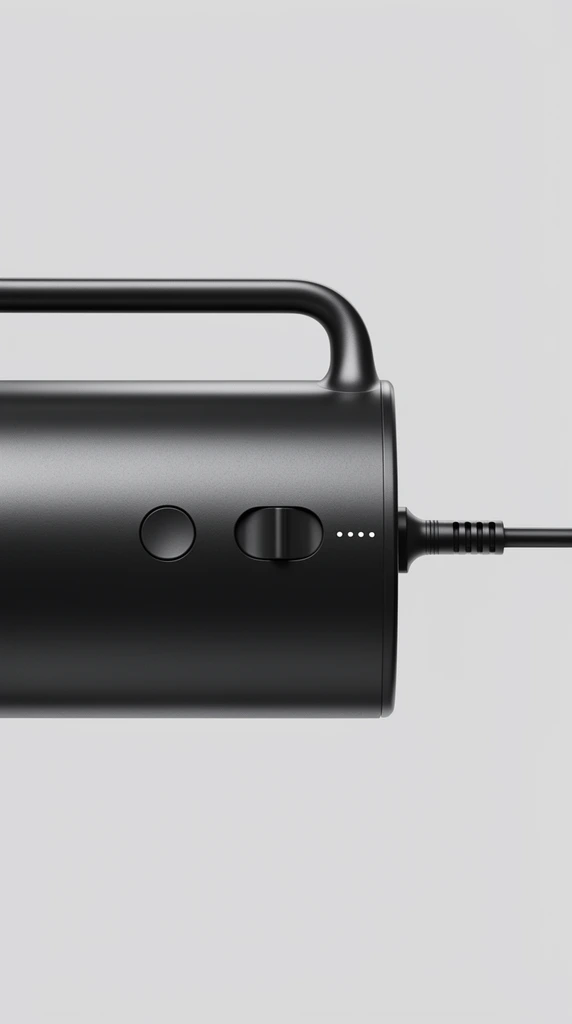 A sleek, matte black cylindrical appliance floats horizontally against a solid light gray background. The device features an integrated handle, a round button, a sliding switch, four small LED dots, and a ribbed power cord extending to the right. Diffused studio lighting creates a smooth gradient highlight along the top edge, emphasizing its minimalist industrial design and premium texture.
