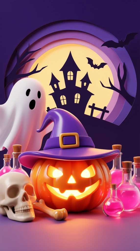 3D rendered playful Halloween scene, glowing jack-o'-lantern in a purple witch hat, skull, pink potion bottles, ghost, layered cut-out background with full moon and haunted house silhouette, dark purple sky, glossy textures, vibrant orange lighting