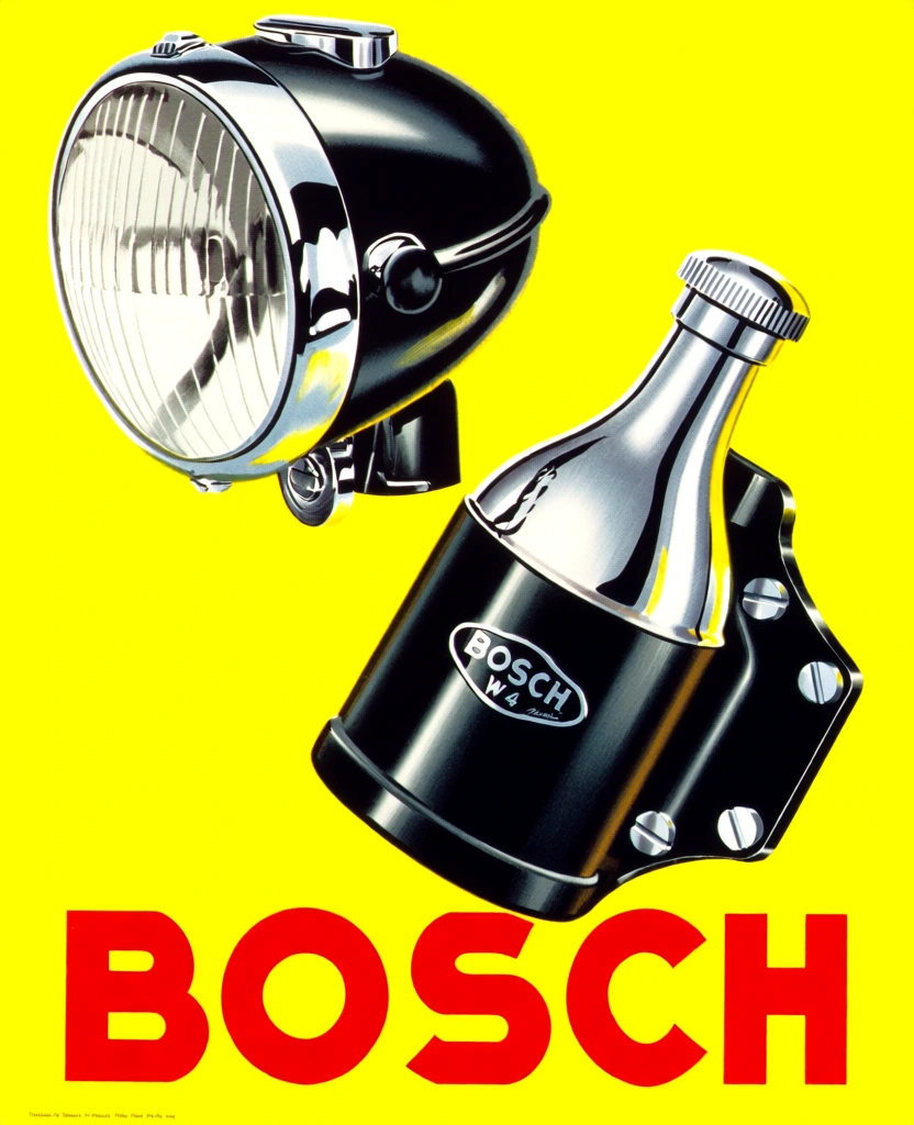 A vintage advertising illustration features a black and chrome Bosch headlamp and a matching dynamo set against a vibrant yellow background with bold red branding at the bottom. The headlamp, positioned in the upper left, consists of a rounded glossy black housing with a polished chrome bezel and a glass lens showing vertical ribbing. Below and to the right, a bottle-shaped dynamo is depicted with a black lower body, a tapered chrome neck, and a small ribbed cap at the top. The dynamo is attached to a black mounting bracket secured by four silver-colored screws. Strong white highlights on the black and chrome surfaces suggest a light source from the upper right, creating a sense of three-dimensional volume. At the base of the image, the word "BOSCH" is printed in large, bold, red sans-serif capital letters. A small silver oval emblem on the dynamo contains the text "BOSCH" in a white sans-serif font, with "W 4" and smaller illegible script below it. Tiny, fine print is located in the bottom-left corner against the yellow field. The graphic style uses high-contrast colors and clean lines characteristic of mid-century poster art, with the objects presented from a three-quarter perspective.
