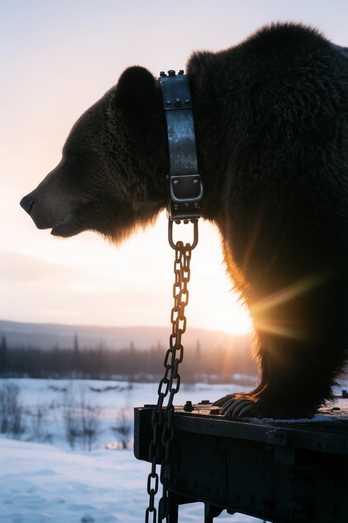 massive grizzly bear silhouette, heavy steel collar, chained to dark metal train ledge, snowy tundra background, glowing dawn backlight, lens flares