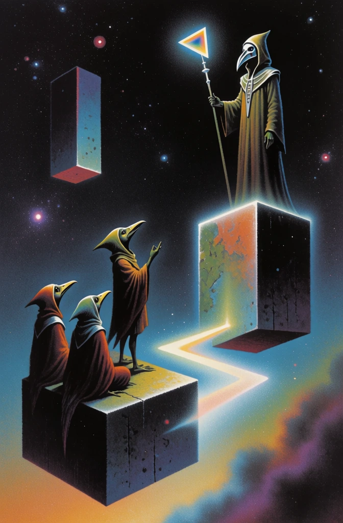hooded figure atop a floating monolith at upper-right facing three anthropomorphic avian characters ascending a glowing zig-zagging path from a lower-left block, floating diamond prisms in a deep void, 1970s airbrushed sci-fi surrealism, heavy stippled film grain, luminous electric blue and amber glow, halated soft-focus diffusion, cross-screen starburst lens flares, grainy airbrush gradients, low-fidelity analog aesthetic, nostalgic cosmic retro-futurism