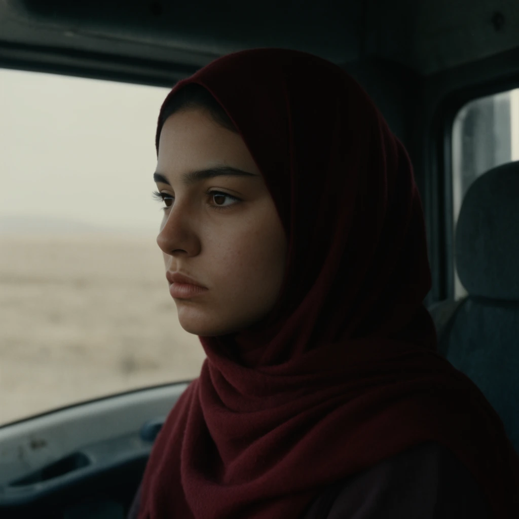 young woman in dark red hijab inside vehicle cab, solemn expression looking out window, shadowed interior, soft cinematic lighting, pale barren landscape background
