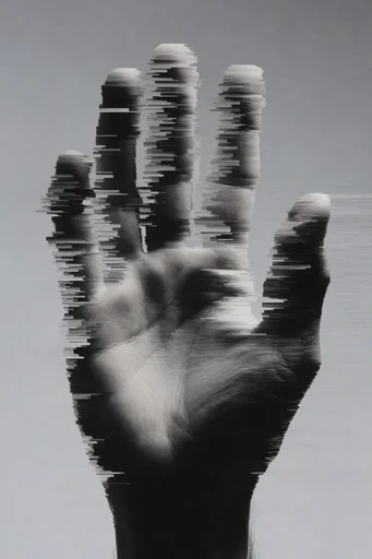 Deconstructed Digital Surrealism style reference image — high-contrast studio lighting
