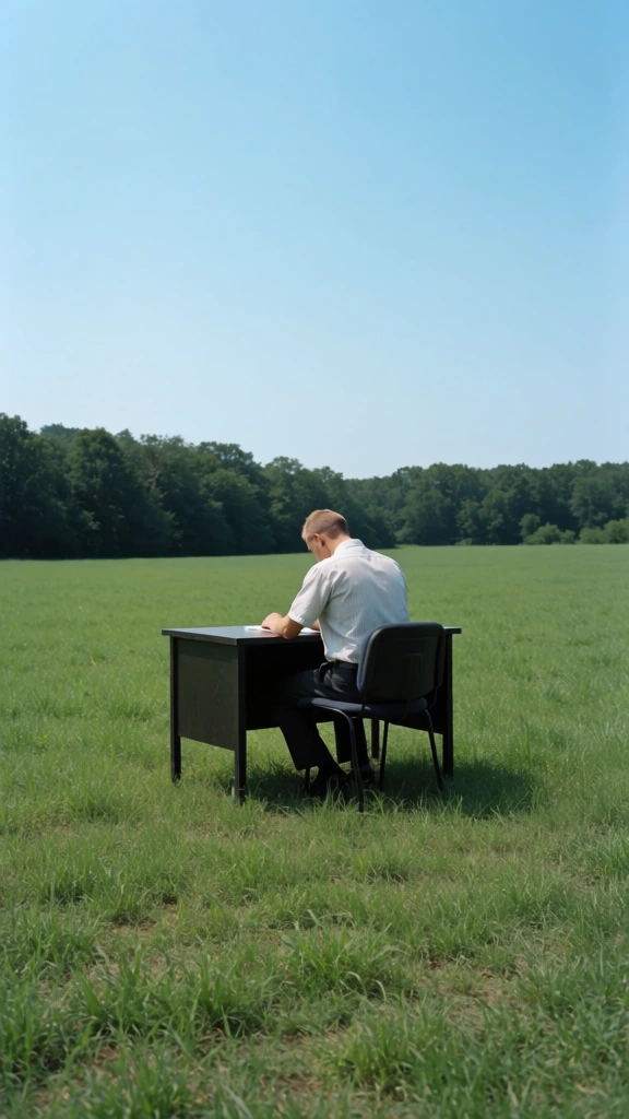 solitary man at desk in vast field, surreal photography, minimalist contemplative vibe