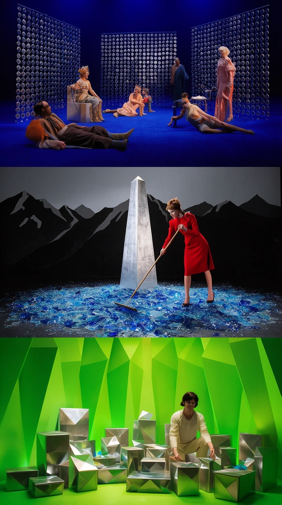 vertical triptych of surreal avant-garde stage sets, top panel dark blue studio with circular bead partitions and scattered figures, middle panel silver obelisk against black painted mountains with a woman raking shattered blue glass, bottom panel angular neon-green chamber with a kneeling figure beside geometric metallic parcels, bold theatrical lighting, vivid saturated colors, cinematic staging
