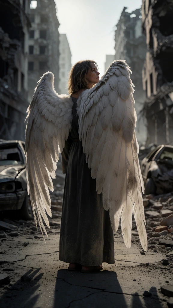 A solemn, cinematic fantasy image shows a young angelic woman standing alone in a ruined city street between wrecked cars and collapsed buildings, her huge white wings glowing softly against the dusty devastation. Digital illustration, photorealistic CGI matte-painting hybrid, dark fantasy, post-apocalyptic urban scene, cinematic character portrait, hyper-detailed feathers, shallow depth of field, moody, melancholic, sacred amid ruin, dramatic realism, high visual complexity, reminiscent of Greg Rutkowski, Igor Kieryluk, and cinematic concept art aesthetics, muted beige, ash gray, warm sepia, dirty white, charcoal, soft gold highlights, low-saturation palette, diffused daylight, backlit rim light, moderate contrast, hazy exposure, likely simulated telephoto lens, wide aperture around f/1.8 to f/2.8 look, strong background blur, atmospheric dust, no obvious sensor noise, no visible text, slight bloom and volumetric haze. In the exact center foreground stands the female figure, turned mostly away from the viewer with her body facing slightly right while her head tilts back over her right shoulder, revealing a pensive side profile. She appears young and slim, with light skin, long tousled light-brown hair falling over her shoulders, and a calm, sorrowful expression. She wears a floor-length dark gray robe or dress with long sleeves, dusty at the hem. Her wings dominate most of the left and center of the frame: two massive layered white feathered wings, folded downward, textured with dirt and faint brownish wear, extending from above her shoulders nearly to the ground. The left wing occupies much of the left-middle area, the right wing curves behind her back and along her right side. At the bottom center and across the foreground, the street is covered in pale dust, scattered stones, chunks of concrete, and broken debris. On the far left foreground, the front half of a damaged car intrudes into frame, dusty and dented. On the right midground, another wrecked car sits partially buried in rubble, its roof and hood crumpled. The background rises into a narrow canyon of shattered buildings on both sides, heavily blurred but visibly torn open, with broken facades and dark cavities where windows once were. A vertical shaft of pale light and haze runs through the center distance, drawing the eye upward behind the angel and intensifying the contrast between destruction and quiet transcendence.