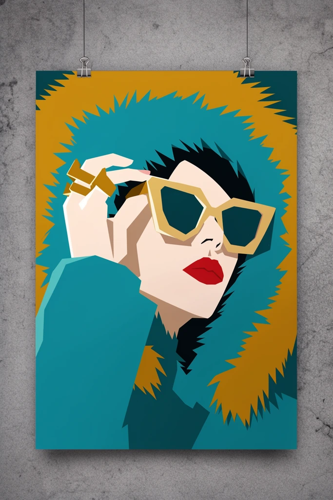 A minimalist vector portrait poster hangs from two metal binder clips against a textured gray concrete wall. The flat-color illustration features a figure with a pale complexion, a sharp angular jawline, and full bold red lips, enveloped in a voluminous teal and mustard yellow hood with sharp zig-zag edges denoting fur. A prominent hand wearing thick gold geometric rings reaches up to adjust oversized angular sunglasses. The artwork employs a bold graphic aesthetic, focusing on stark geometric shadows and flat color blocks rather than traditional facial details. The vivid teal and mustard yellow palette contrasts sharply with the photorealistic gray concrete environment, blending physical gallery framing with sleek digital illustration techniques.