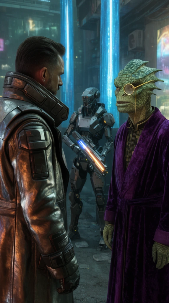 A futuristic smuggler in a heavy metallic trench coat stands in the foreground, viewed from over the shoulder. He faces a reptilian alien diplomat with scaled green skin wearing a purple velvet robe and a gold monocle. They converse intensely in a neon-lit cyberpunk alleyway. Behind them, a heavily armored robotic sentry holding a glowing energy rifle stands watch between luminescent blue pillars. Cinematic lighting casts sharp shadows across the gritty sci-fi environment, capturing a tense interaction.