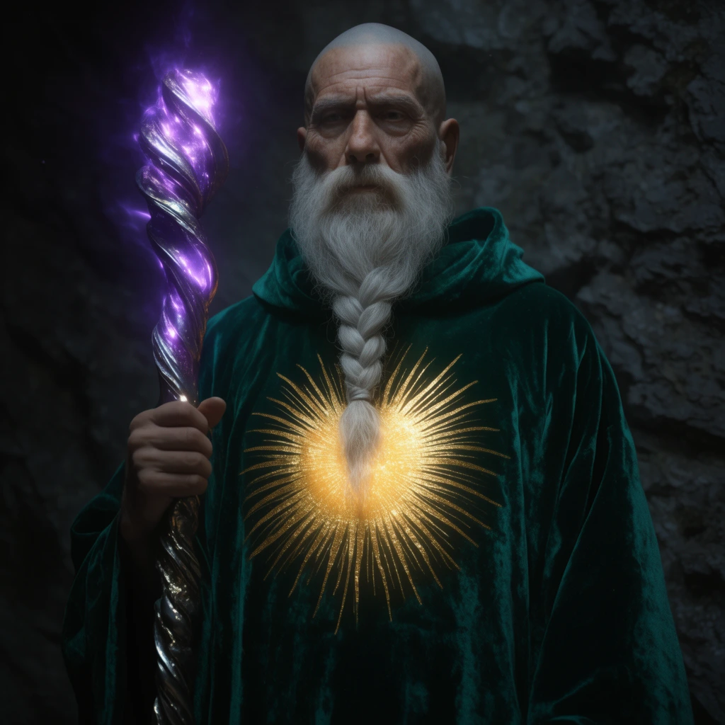 An ancient monk with a shaved head and a braided white beard wears emerald-green velvet robes displaying a glowing golden sunburst chest motif. He grasps a twisted metallic staff radiating vibrant purple light against a dark, craggy stone background in moody cinematic lighting.