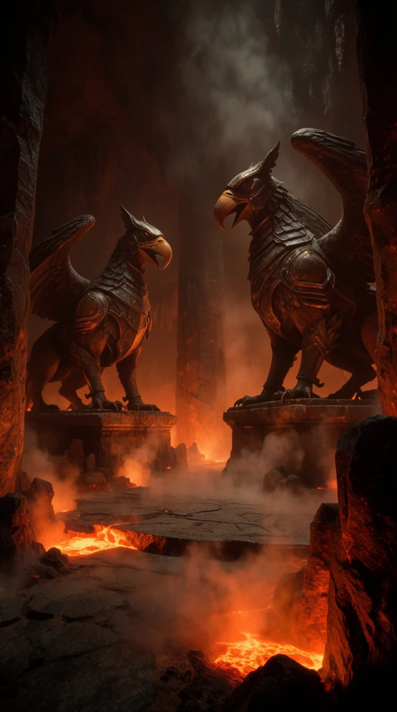 Two colossal armored avian statues stand guard on stone pedestals within a vast smoke-filled subterranean cavern illuminated by fiery orange magma. The massive griffin-like beasts feature hooked beaks, heavy plated armor, and folded wings in crouched aggressive postures. Rough-hewn basalt pillars and jagged rock formations surround a central stone platform. Plumes of thick haze drift across the floor catching warm underlighting. The cinematic wide low-angle composition highlights high contrast chiaroscuro lighting, a dark fantasy aesthetic, and dense atmospheric fog.