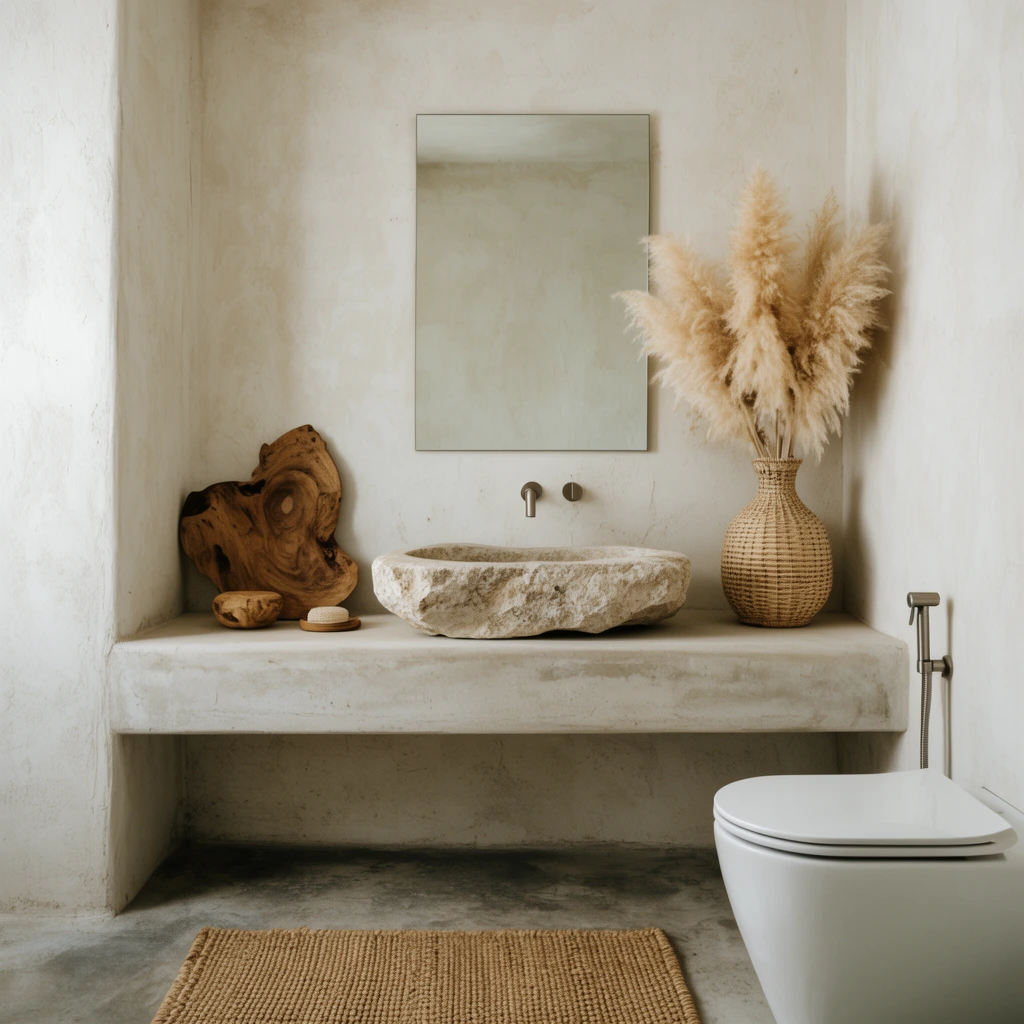 minimalist wabi-sabi bathroom, rough carved stone vessel sink on smooth built-in concrete vanity, frameless rectangular mirror, textured off-white plaster walls, woven rattan vase with fluffy dried pampas grass, organic wooden decor, white ceramic toilet, wall-mounted metal bidet sprayer, woven floor mat on grey concrete floor, soft diffused natural lighting, warm earthy tones, interior photography