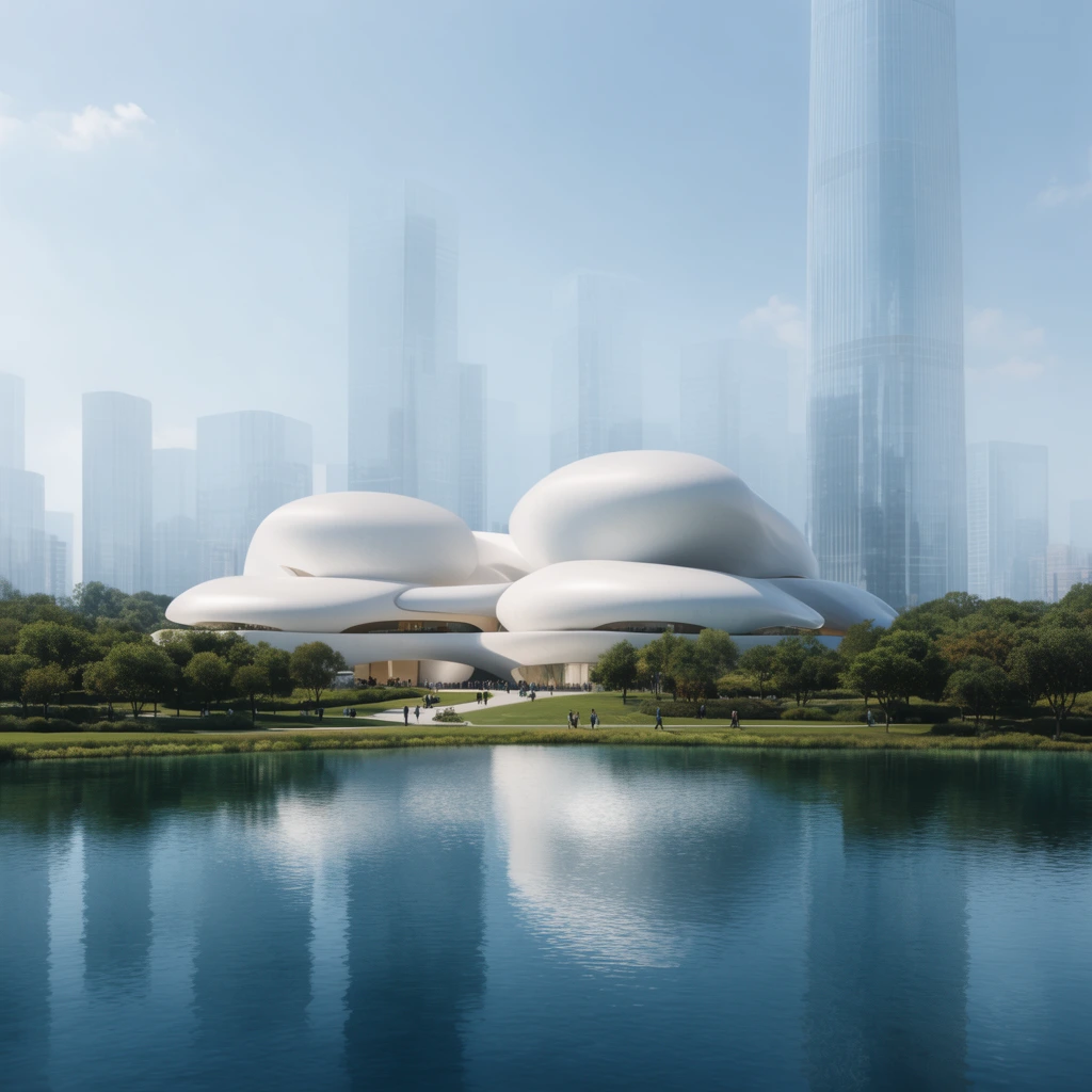 smooth white bulbous architecture, lush green park, reflective blue lake, tiny pedestrians, hazy tall glass skyscraper backdrop, bright daylight, photorealistic architectural rendering