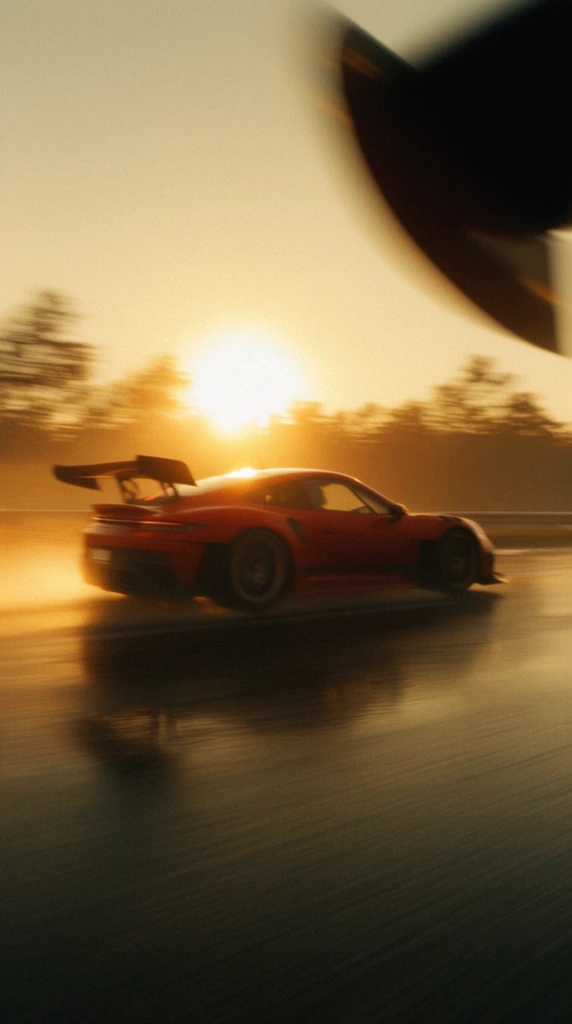 red sports car speeding along a wet asphalt road, intense horizontal motion blur, large aerodynamic rear wing, low golden sun glowing intensely on the horizon behind the vehicle, cinematic tracking shot, blurred silhouette of a treeline in the background, warm golden hour lighting, heavy atmospheric haze, wet ground reflecting the bright sun and vehicle, visible film grain, dark indistinct blurred object in the top right foreground, high-speed action, ultra-wide framing