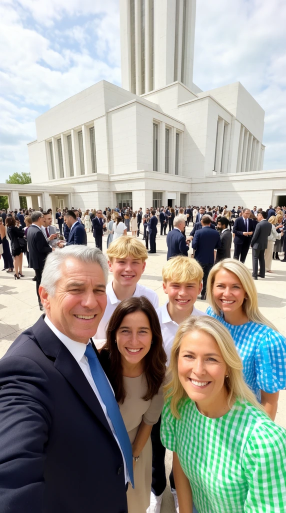 A wide-angle selfie features six tightly clustered, smiling people standing in a sunlit paved plaza. In the immediate foreground, a grey-haired man in a suit and blue tie holds the camera alongside a brunette woman, two blond youths in white shirts, and two blonde women wearing bright blue and green gingham tops. Dozens of formally dressed people mingle across the expansive background courtyard. Behind the crowd rises a massive, tiered white stone building characterized by tall recessed vertical windows, flat rooflines, and a tall rectangular tower reaching into a bright, partly cloudy daytime sky.
