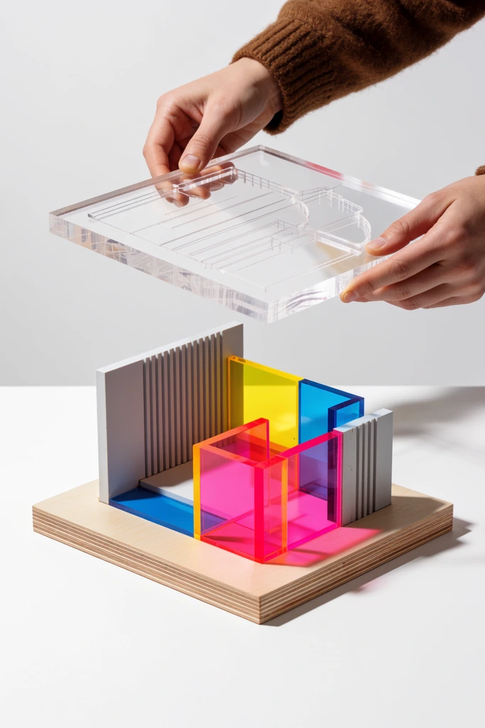hands in brown knit sleeves holding a thick transparent acrylic template with etched structural lines, positioning the clear plate over a light plywood base, base features an abstract architectural model built from vibrant translucent pink, yellow, and blue acrylic blocks, grooved grey vertical panels, pristine white surface, bright studio lighting, soft cast shadows, sharp focus, precision product photography, high-angle perspective