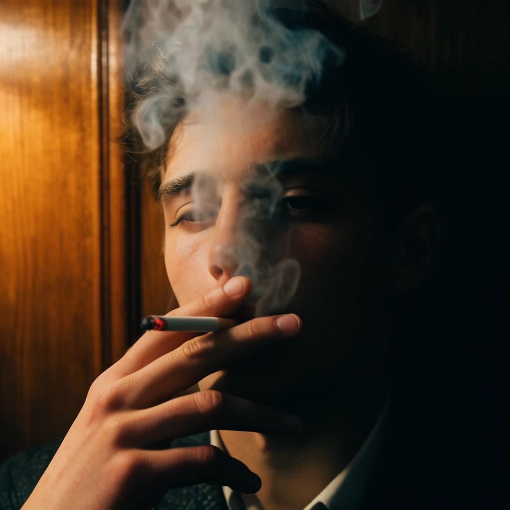close-up of a young man smoking, hand holding cigarette near lips, thick white smoke obscuring forehead, warm wood paneling on left, pitch-black shadows on right, dramatic chiaroscuro lighting, moody neo-noir portrait
