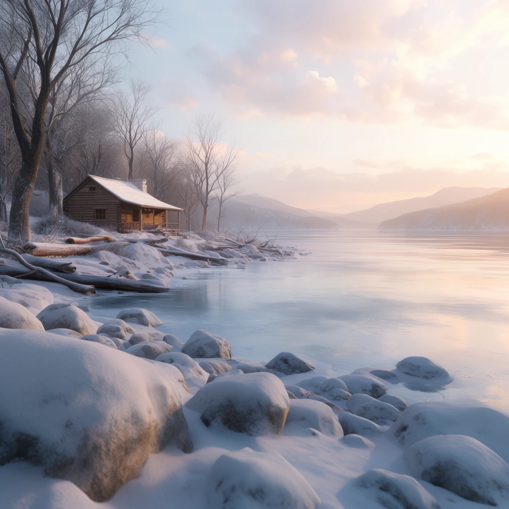 A tranquil winter landscape featuring a frozen lake bordered by a snow-covered rocky shoreline. The foreground shows large boulders blanketed in thick, smooth snow. Along the coastline, a small wooden cabin with a sloping roof sits nestled among barren trees and fallen logs. The icy lake stretches across the midground, reflecting a soft pastel sky. Distant rolling mountains fade into atmospheric haze. Rendered in a cinematic 3D style with wide-angle perspective and warm, diffused sunlight.