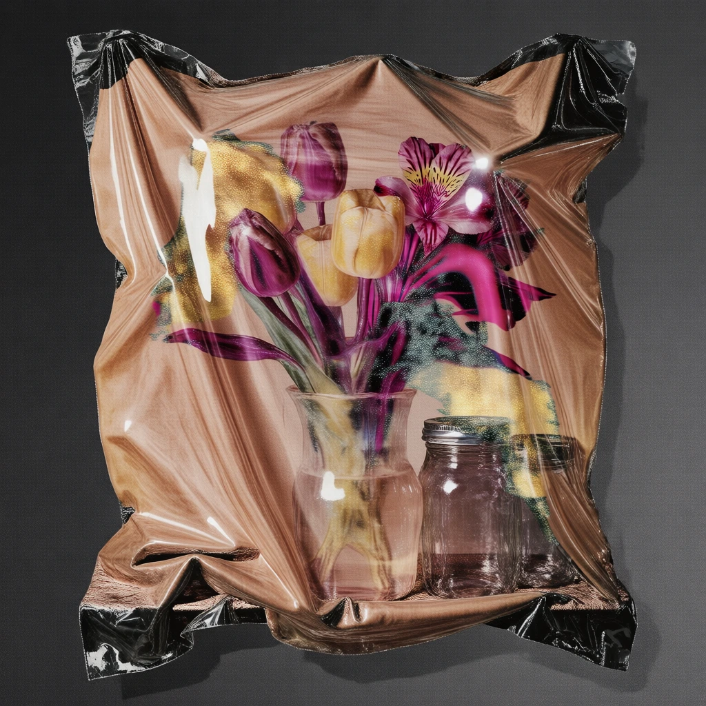 bouquet of tulips and alstroemeria in a vase next to glass jars, all tightly vacuum-sealed under a translucent tan-toned synthetic membrane, deep sculptural drapes and heavy plastic folds, distorted botanical shapes, vibrant magenta and shimmering metallic gold paint smears bleeding through the surface, high-contrast studio lighting with sharp specular highlights on the wrinkles, gritty film grain, dark textured background, avant-garde surrealist aesthetic, glossy tactile finish