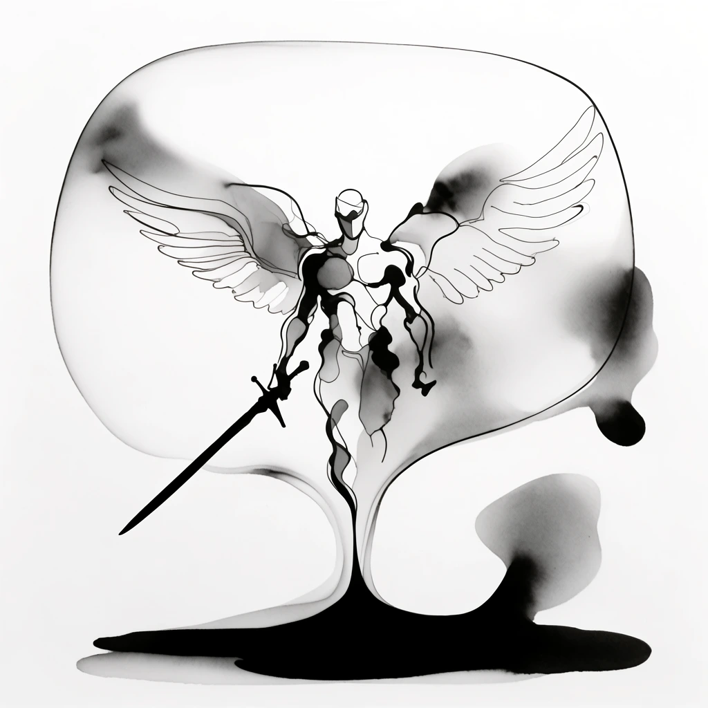 A winged warrior wielding a sword, rendered in a minimalist, surrealist black and white ink wash illustration style. The central figure is constructed using fluid, organic, continuous black outlines of varying thicknesses, contrasting sharply with smooth, soft grayscale airbrush-like gradients and stark white negative space. The warrior's wings sweep outward with delicate, precise linework intertwined with soft ink bleeds, while the sword is defined by crisp, stark black edges. The entire figure is encapsulated within a bulbous, organically shaped transparent enclosure formed by a single undulating thin black line. Heavy, solid black ink pools create a stylized, silhouetted ground beneath the warrior, melting seamlessly upward into the figure through a sleek, tapering vertical connection. Abstract, fluid ink shapes with soft dark gradients hover in the surrounding space against a pure, unblemished white background.