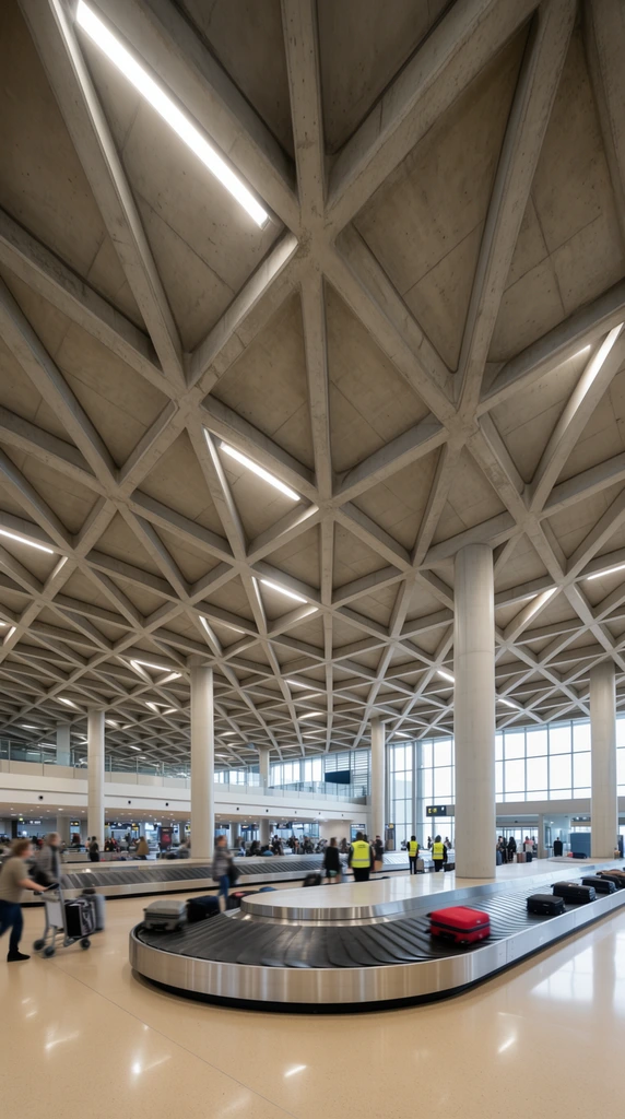 A vast baggage claim hall features a striking exposed concrete ceiling with a complex, repeating triangular grid. Smooth cylindrical pillars stretch from a highly polished, reflective beige floor to support this geometric canopy. Linear light fixtures embedded within the ceiling's recesses brightly illuminate the architectural space. In the foreground, a black luggage carousel circulates a bright red suitcase alongside other dark bags. Blurred travelers in motion, a passenger pushing a luggage cart, and workers in high-visibility vests navigate the terminal. The wide-angle, deep-focus perspective emphasizes the immense scale of the stark modernist design, highlighting distant glass windows and a mezzanine level that blend natural daylight with the interior lighting.