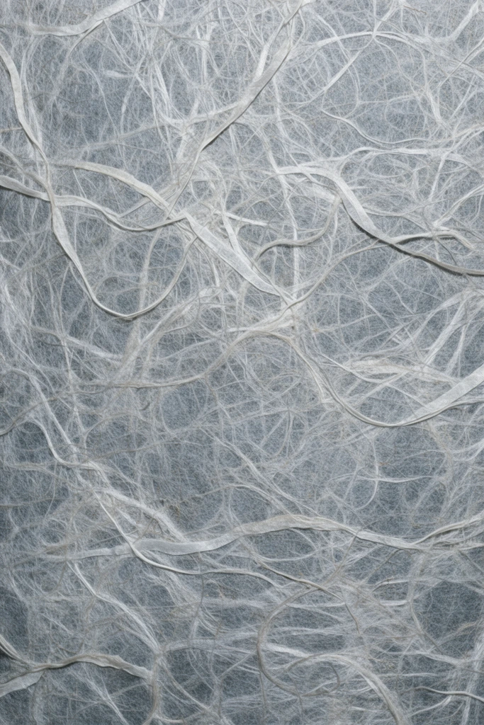 macro shot of handmade fibrous paper texture, dense chaotic web of interwoven natural threads, monochromatic light silver and slate grey tones, organic rough surface, soft flat diffuse lighting, translucent paper elements, abstract microscopic organic structure, high resolution material detail, full frame composition