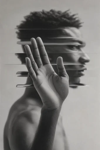 Fragmented Monochrome Surrealism style reference image — geometric fragmentation