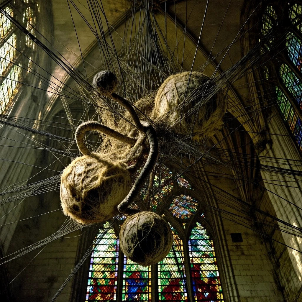 low-angle cinematic shot in a grand gothic cathedral, a central cluster of suspended spheres and winding tubes with raw fibrous bodies, intricately trapped within a dense radial web of thin black tension wires, dramatic chiaroscuro lighting, warm golden highlights contrasting against a vibrant stained-glass backdrop, weathered textures, organic tangled forms, sculptural depth, moody earth tones and cool shadows, high-contrast architectural setting, ethereal and oppressive atmosphere.