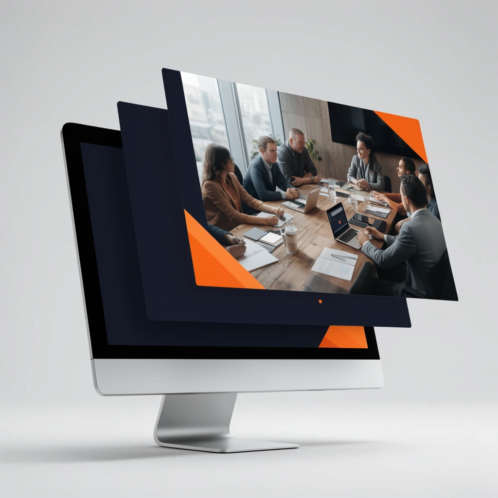 sleek all-in-one desktop computer monitor with a black bezel and silver stand, angled in a 3D perspective against a seamless light gray studio background, a digital graphic presentation floating dynamically out of the screen, the overlapping UI panels feature a corporate meeting scene with a team of people around a wooden conference table, dark navy color blocks with bright orange geometric accents, clean lighting, soft drop shadows, hyper-realistic product mockup rendering
