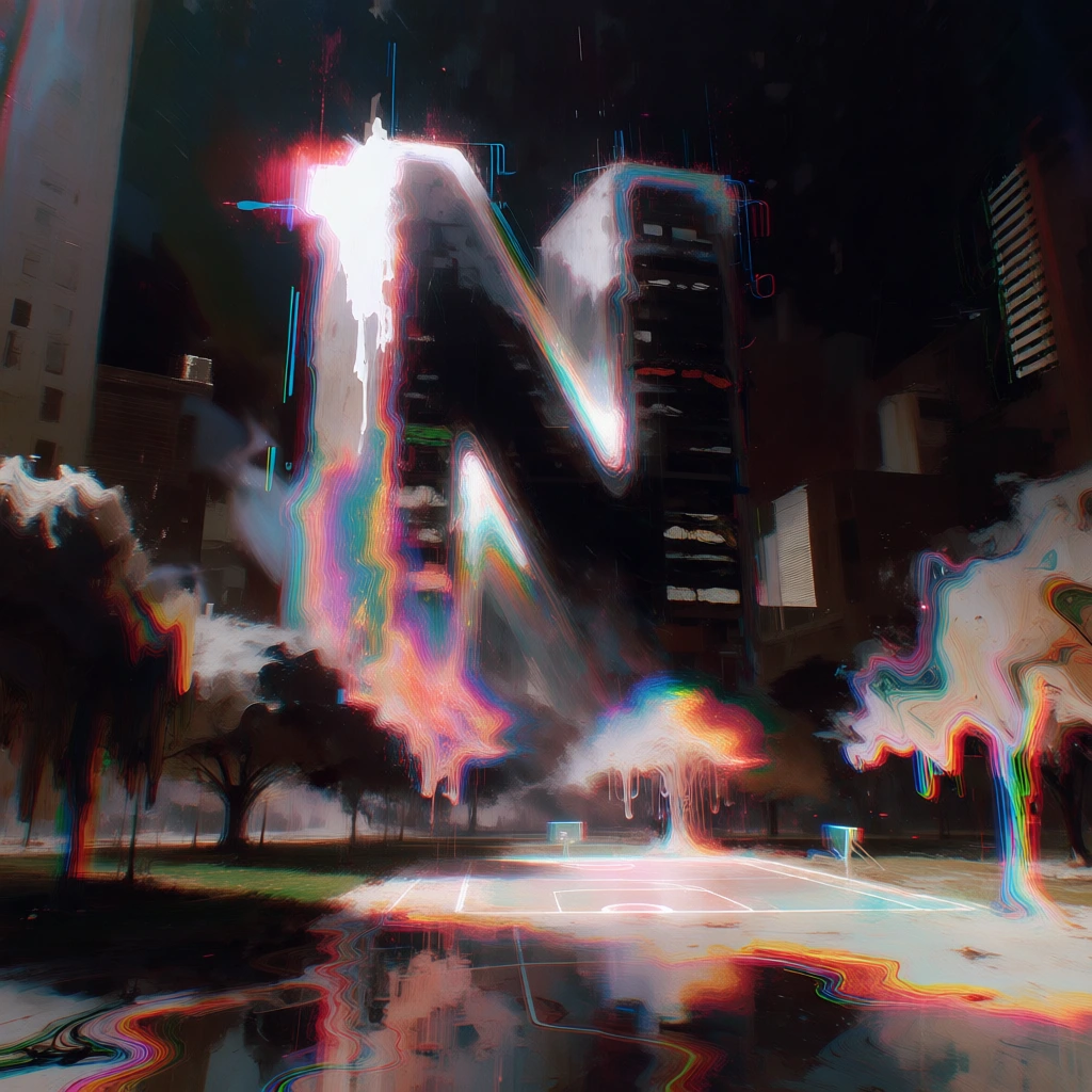 stylized urban landscape with a monolithic skyscraper in the form of a capital letter n, a melting park with liquid trees, a glowing basketball court, glitchy digital expressionism, heavy chromatic aberration, vibrant prismatic light streaks in cyan and magenta, dark obsidian shadows, fluid painterly smears, distorted digital textures, high-contrast volumetric lighting, surreal atmospheric haze, luminous white light-bleeds, chaotic painterly strokes, liquid-like ground reflections.
