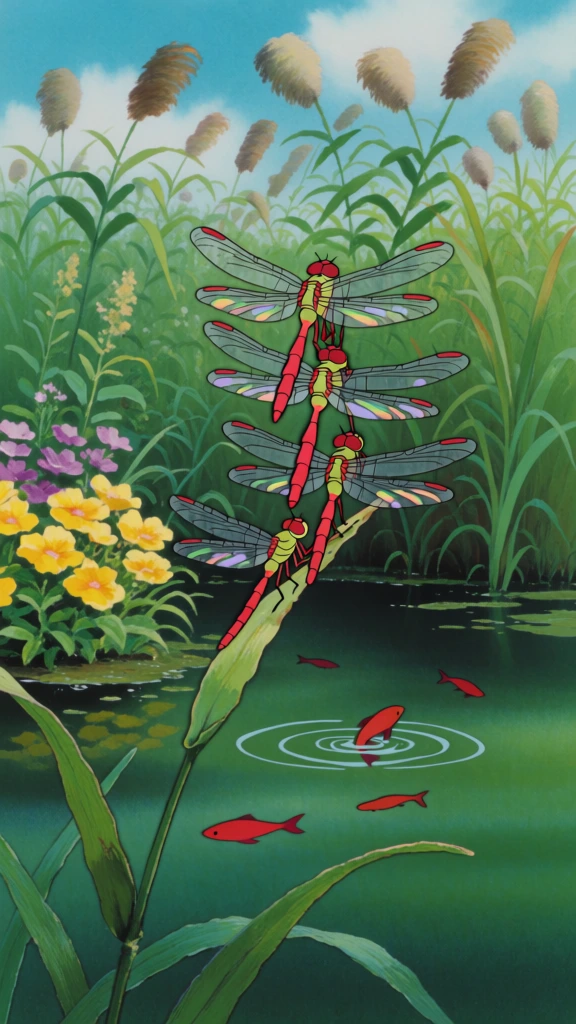 Four iridescent dragonflies with bright red segmented abdomens, lime green thoraxes, and large bulbous red eyes are perched vertically on a single thick blade of green grass overlooking a serene pond. Each dragonfly has four translucent wings that shimmer with a rainbow-like iridescence and feature distinct red-marked tips. In the dark green water below, four small, vibrant red fish swim at various depths, with one near the center creating concentric ripples on the surface. The bottom-left foreground is decorated with small clusters of bright yellow and purple wildflowers nestled among shorter green blades. The background is composed of a dense thicket of tall green reeds and grasses, some of which are topped with tan, feathery plumes. Above the foliage, a light blue sky with soft, wispy white clouds is visible. This illustration is rendered in a detailed, hand-drawn anime style characterized by a vibrant color palette, soft natural lighting, and a peaceful atmosphere. The composition utilizes a low-angle perspective that emphasizes the verticality of the reeds and the stacked arrangement of the dragonflies against the lush wetland environment.