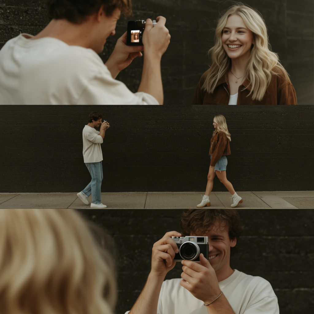 Three-panel vertical collage of a street photoshoot, top panel displays a man photographing a smiling blonde woman in a brown jacket, middle panel shows the woman walking in denim shorts while the man takes her picture against a dark textured wall, bottom panel features a close-up of the man holding a silver camera with blurred blonde hair in foreground, warm muted tones, cinematic lifestyle photography