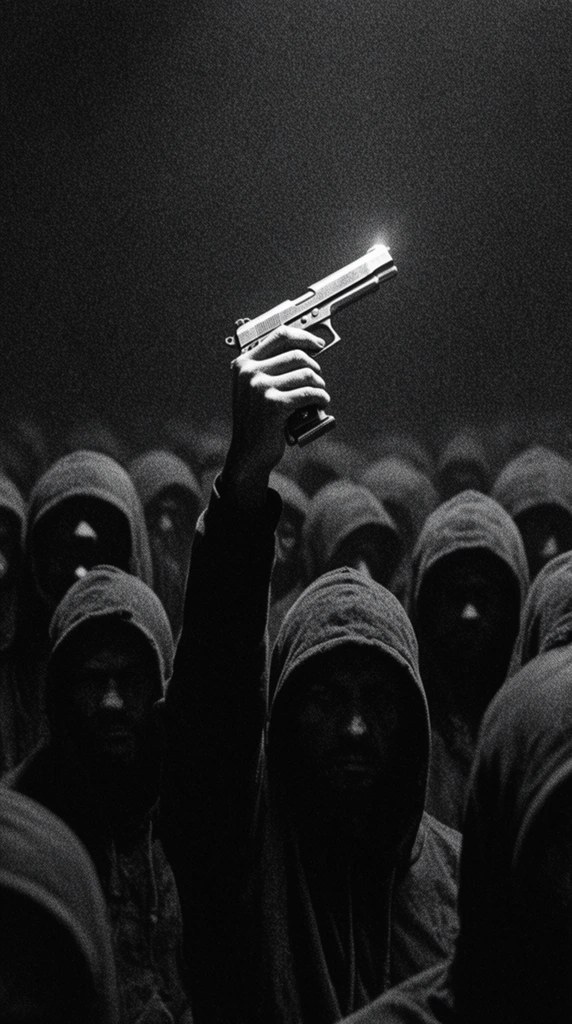 raised arm holding a silver handgun aloft, dense crowd of hooded figures in deep shadow, gritty black and white photography, heavy film grain, stark light catching the weapon, obscured faces