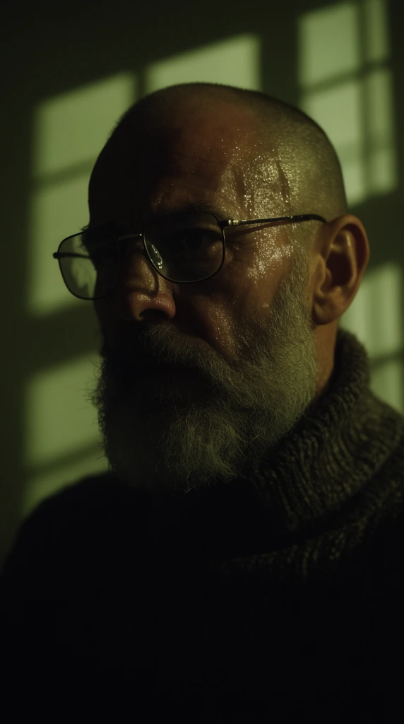 A cinematic close-up of a sweating, heavily bearded older man with a shaved head and wire-rimmed glasses wearing a heavy turtleneck. He stares intensely off-camera left, his face split by deep shadows. A sickly green-yellow light illuminates the high-contrast neo-noir scene, projecting sharp rectangular window pane shadows onto the out-of-focus background wall.
