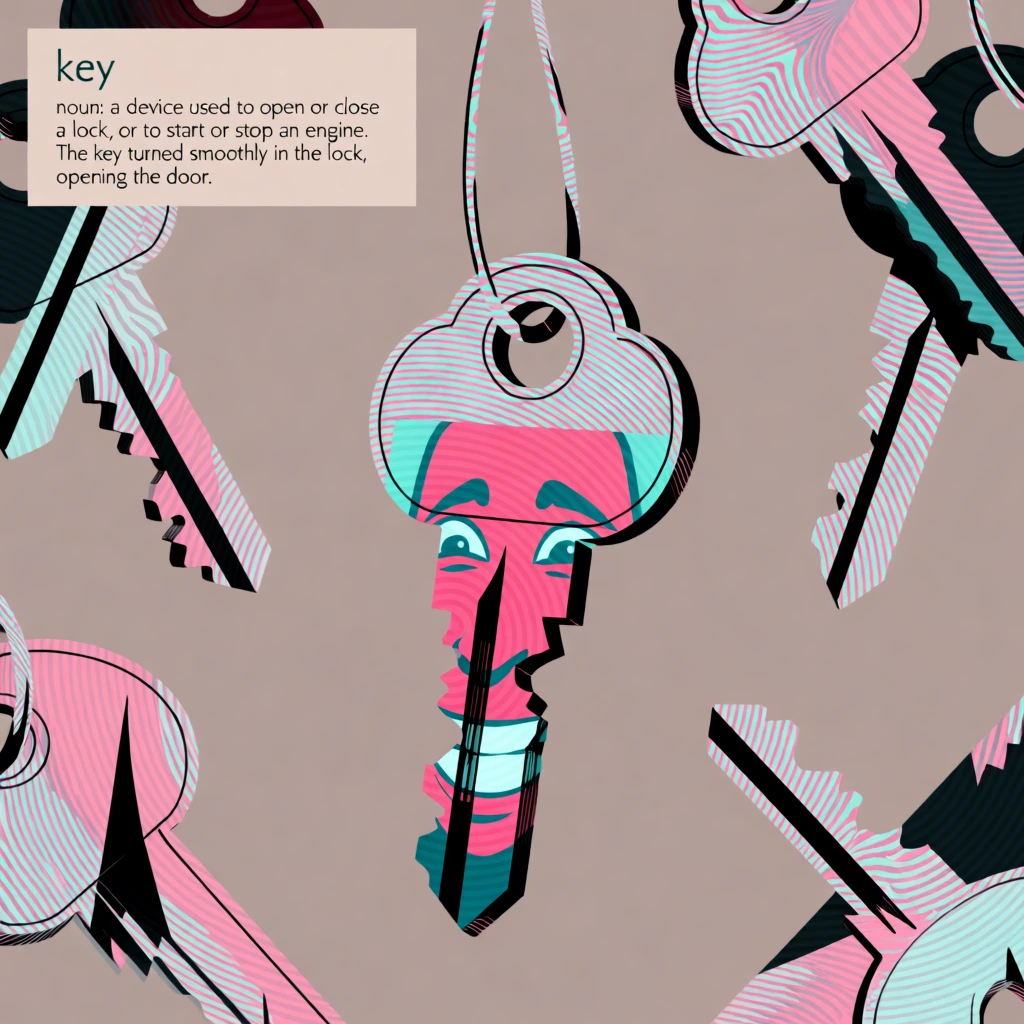 one central anthropomorphic key with a glitched face hanging on a string among many suspended keys, depicted through vibrating topographic moire patterns and jagged neon pink and cyan digital artifacts, serrated pixel-sorted edges and liquid-glitch textures, set against a flat muted taupe background with a clean sans-serif typographic definition in the top-left corner, high-signal chromatic saturation, high-contrast layering, abstract tech-noir aesthetic