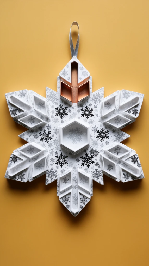 A white, six-pointed snowflake-shaped dimensional structure rests flat against a solid mustard-yellow background. The surface is densely patterned with intricate black and silver-grey snowflake motifs. Segmented, raised rectangular compartments are arrayed radially along the arms, converging on a central hexagonal compartment. An open compartment on the top vertical arm reveals a metallic copper-toned interior. A thin silver ribbon loop extends from the apex. Captured as a perfectly centered, symmetrical flat lay, crisp studio lighting casts soft drop shadows that emphasize the precise geometric tiers and layered depth of the object.