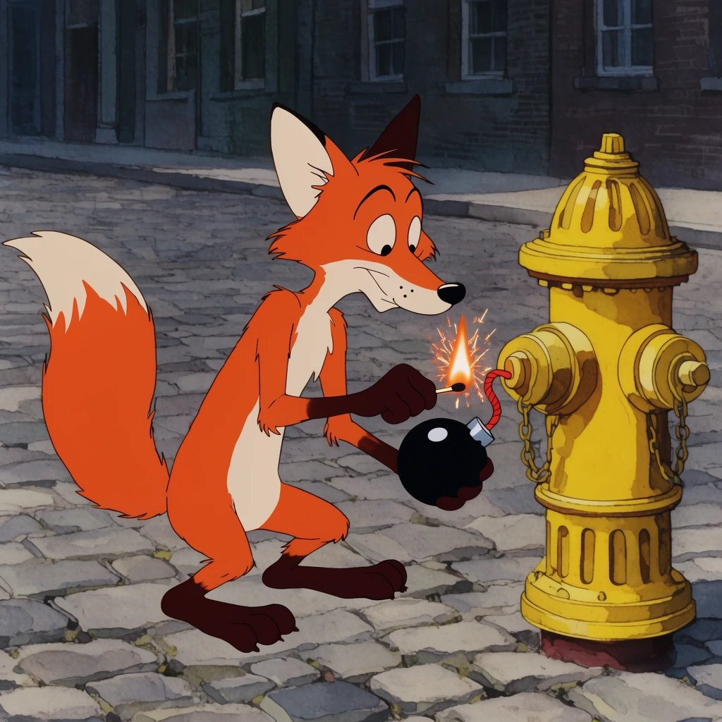 A lanky orange cartoon fox crouches beside a yellow fire hydrant on a cobblestone street, lighting a round black bomb with a match. Bright orange sparks burst from the sizzling fuse. Rendered in vintage 2D animation style with flat colors and soft shadows against a muted urban background.