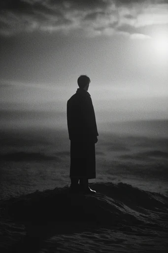 Cinematic Monochrome Noir style reference image — heavy film grain